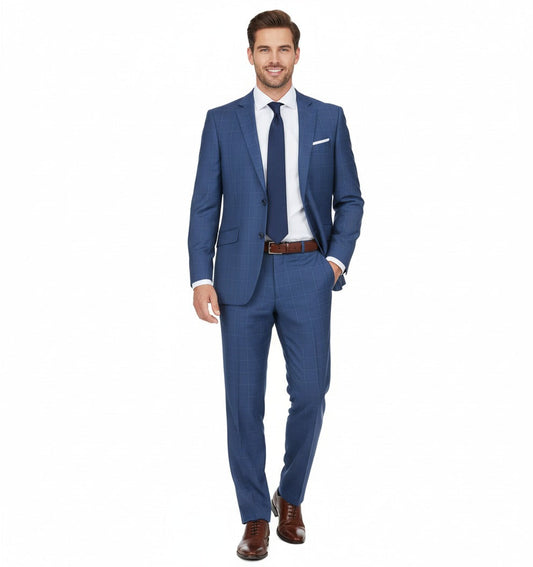 Raphael Blue Windowpane Check Slim Fit Notch Lapel Two Button Suit