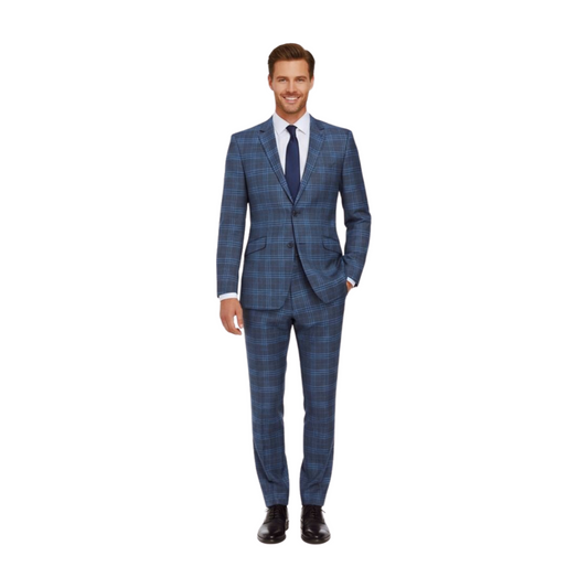 Raphael Blue Windowpane Slim Fit Notch Lapel Stretch Two Button Suit