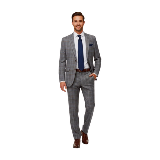 Raphael Grey Windowpane Check Slim Fit Stretch Notch Lapel Two Button Suit