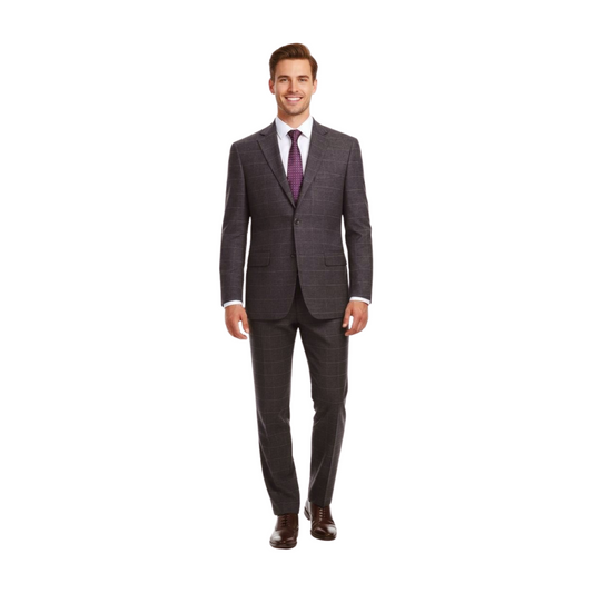 Raphael Mens Gray Windowpane Slim Fit Notch Lapels 2 Buttons Stretch Suit
