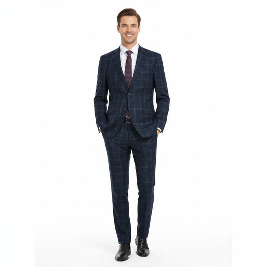 Raphael Windowpane Navy Blue Slim Fit Notch Lapels Two Button Stretch Suit