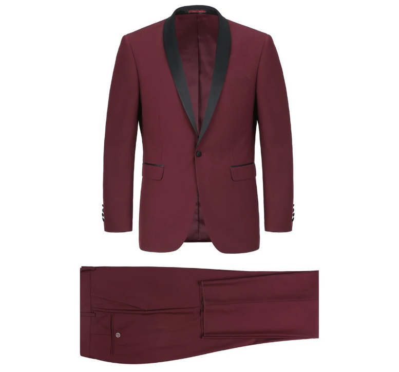 Raphael Solid Burgundy Slim Fit With Black Satin Shawl Lapels Tuxedo Suit