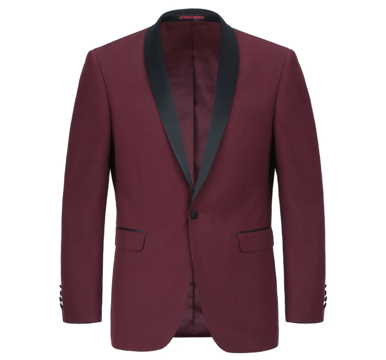 Raphael Solid Burgundy Slim Fit With Black Satin Shawl Lapels Tuxedo Suit