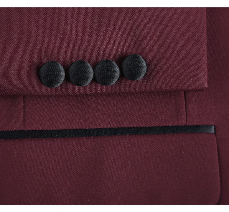 Raphael Solid Burgundy Slim Fit With Black Satin Shawl Lapels Tuxedo Suit