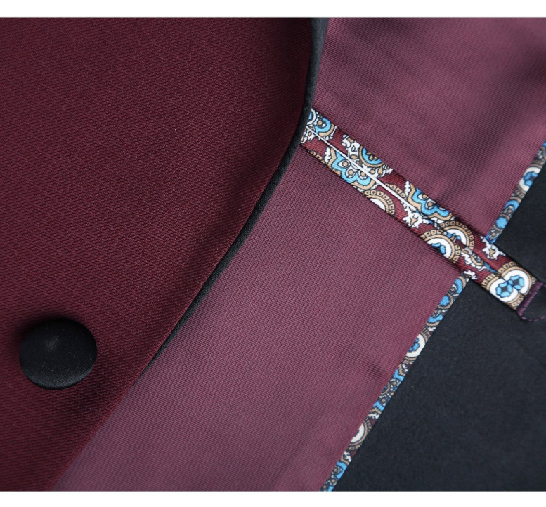 Raphael Solid Burgundy Slim Fit With Black Satin Shawl Lapels Tuxedo Suit