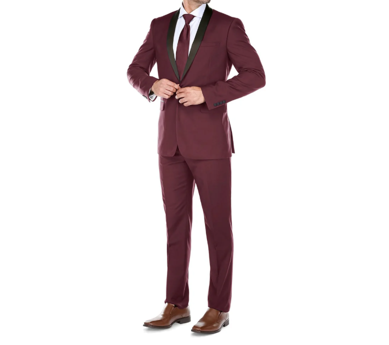 Raphael Solid Burgundy Slim Fit With Black Satin Shawl Lapels Tuxedo Suit