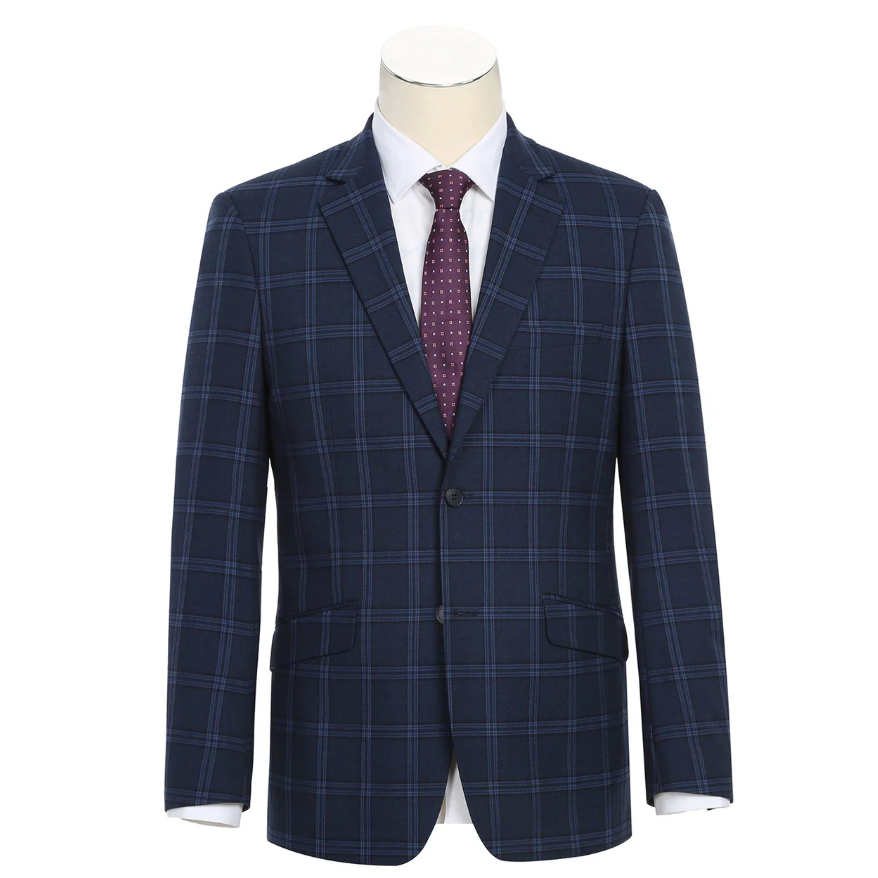 Raphael Windowpane Navy Blue Slim Fit Notch Lapels Two Button Stretch Suit