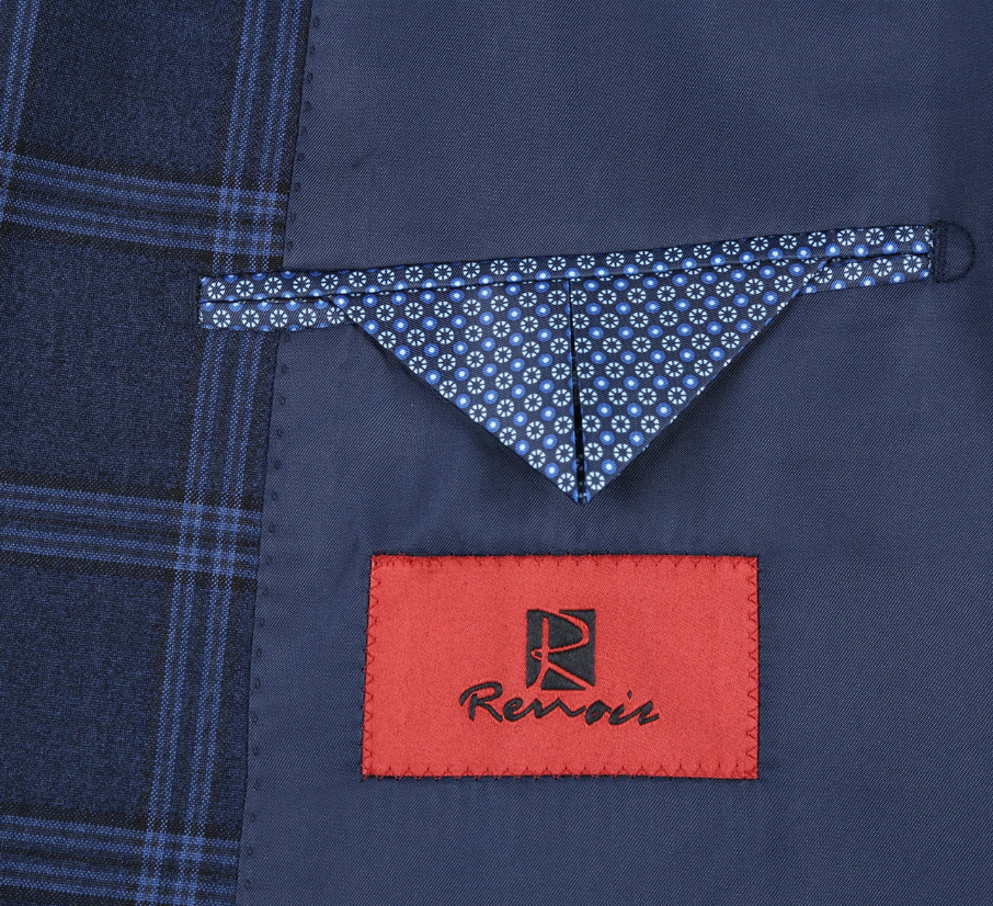 Raphael Windowpane Navy Blue Slim Fit Notch Lapels Two Button Stretch Suit