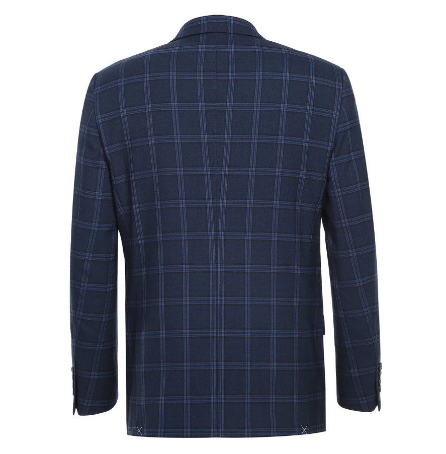 Raphael Windowpane Navy Blue Slim Fit Notch Lapels Two Button Stretch Suit