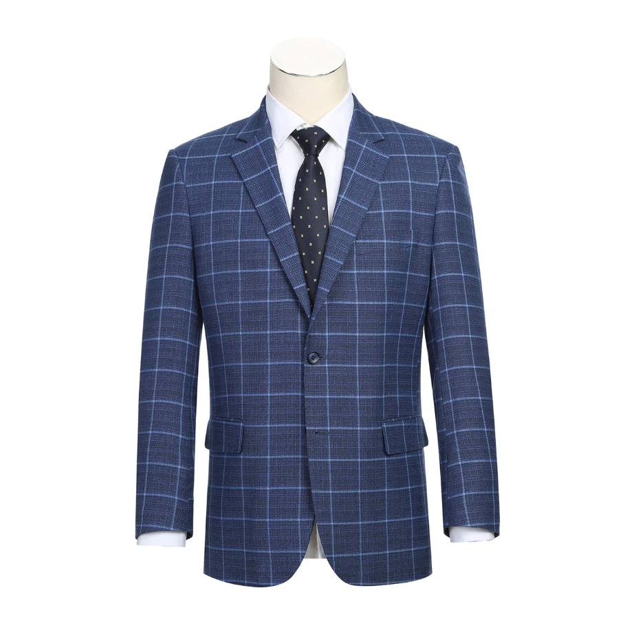 Raphael Blue Windowpane Classic Fit Notch Lapel Stretch Two Button Blazer
