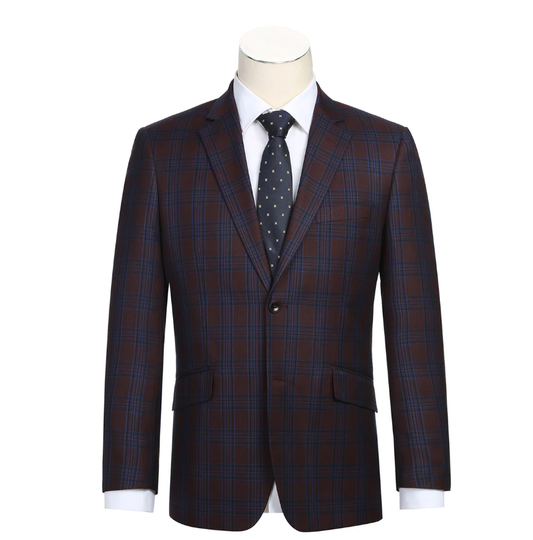 Raphael Men’s Burgundy and Blue Plaid Slim Fit Notch Lapel Blazer
