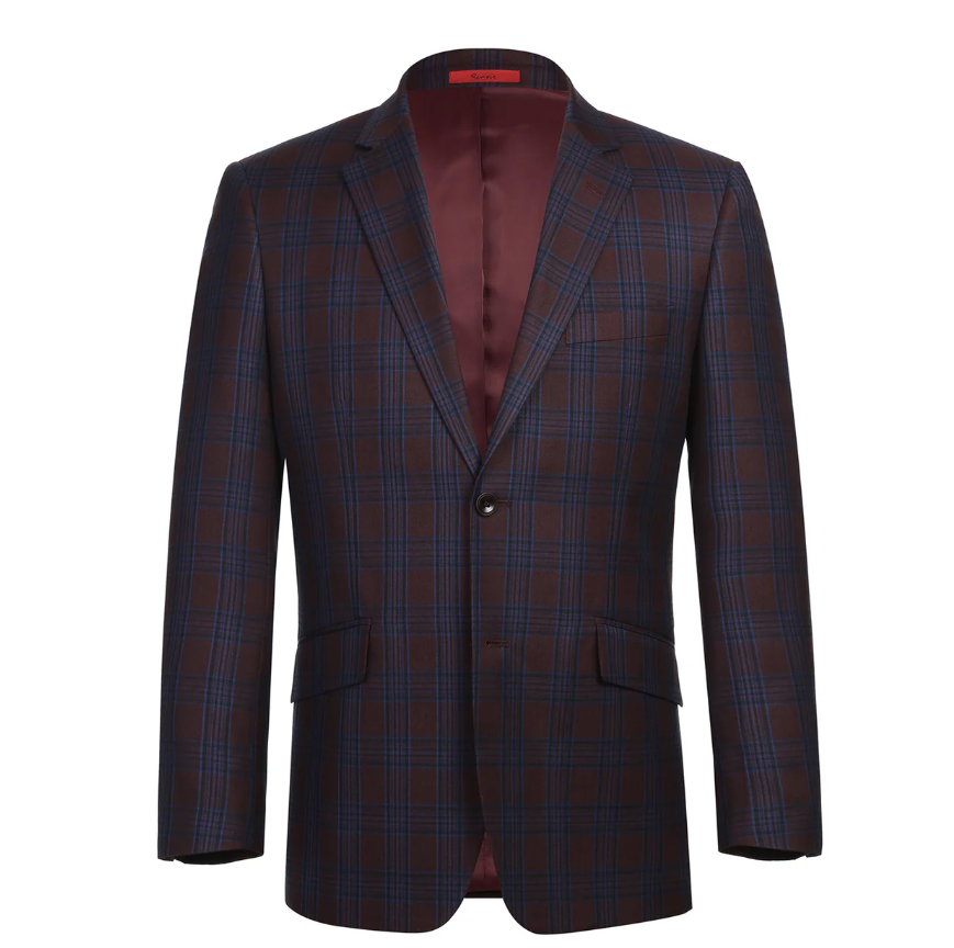 Raphael Men’s Burgundy and Blue Plaid Slim Fit Notch Lapel Blazer