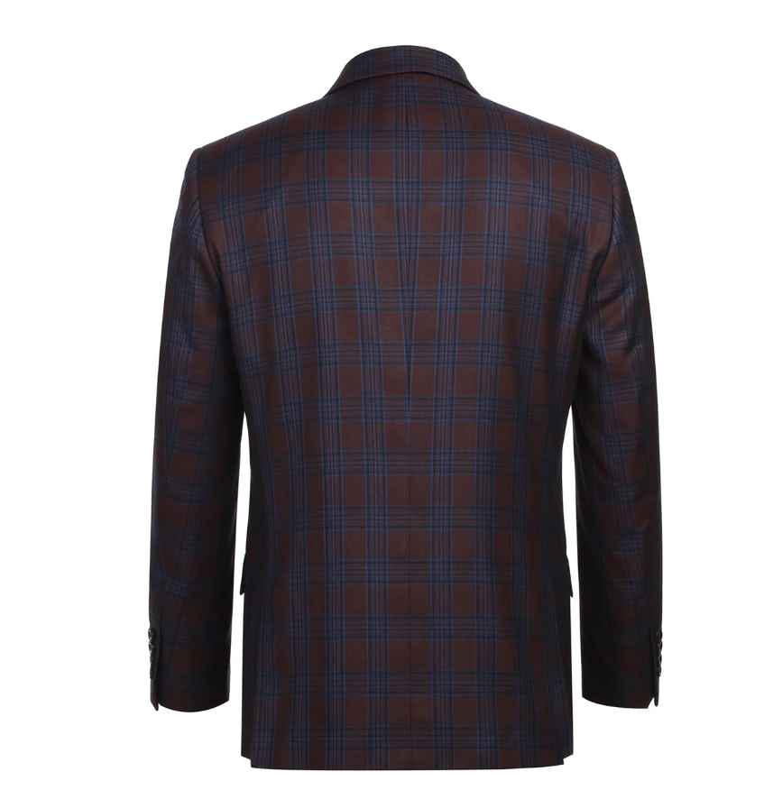 Raphael Men’s Burgundy and Blue Plaid Slim Fit Notch Lapel Blazer