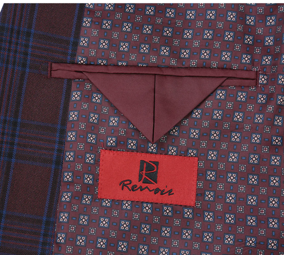 Raphael Men’s Burgundy and Blue Plaid Slim Fit Notch Lapel Blazer