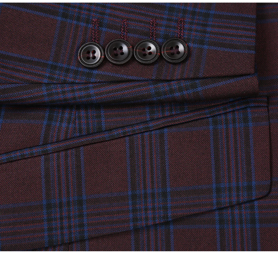 Raphael Men’s Burgundy and Blue Plaid Slim Fit Notch Lapel Blazer