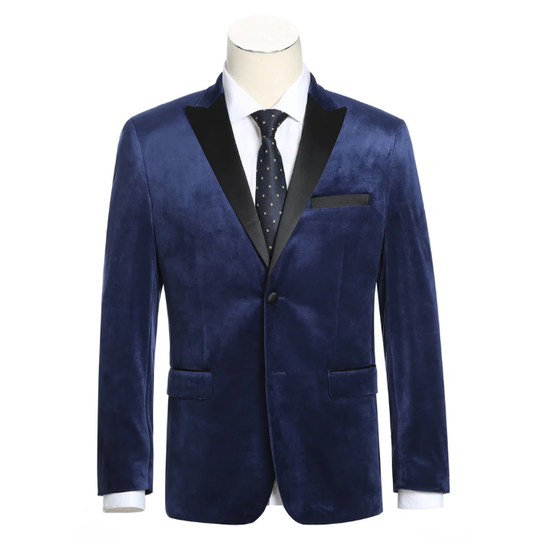 Raphael Navy Velvet Slim Fit Stretch Peak Lapel Tuxedo Blazer