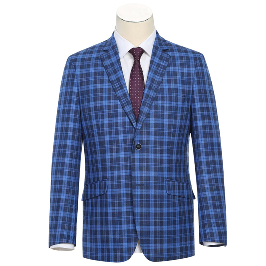 Raphael Blue Plaid Slim Fit Two Button Notch Lapel Blazer
