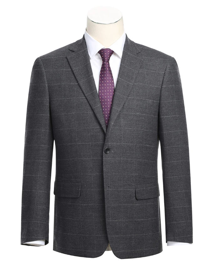 Raphael Mens Gray Windowpane Slim Fit Notch Lapels 2 Buttons Stretch Suit