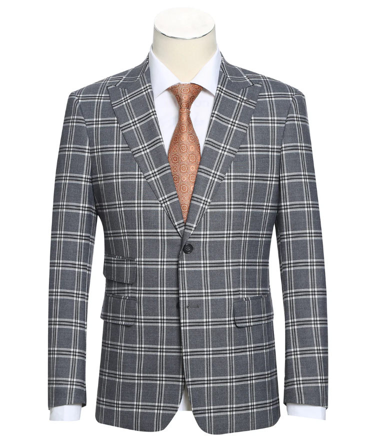 English Laundry Windowpane Check Gray Slim Fit Peak Lapel Stretch 2 Button Suit