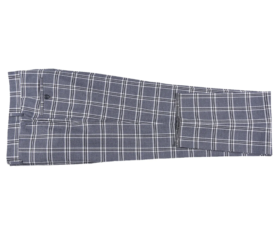 English Laundry Windowpane Check Gray Slim Fit Peak Lapel Stretch 2 Button Suit