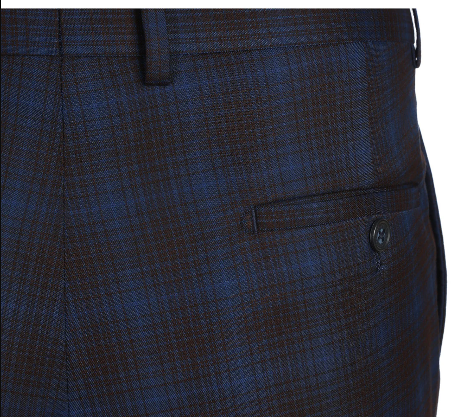 English Laundry Mens Navy with Brown Check Slim Fit Peak Lapel 2 Button Stretch Suit