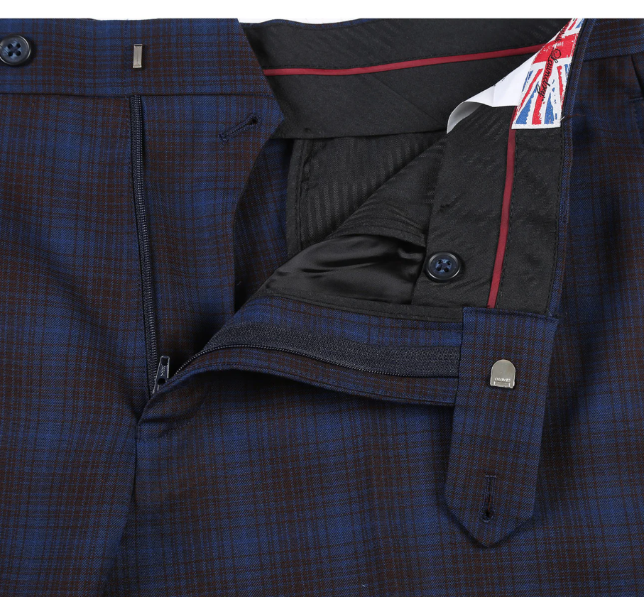 English Laundry Mens Navy with Brown Check Slim Fit Peak Lapel 2 Button Stretch Suit