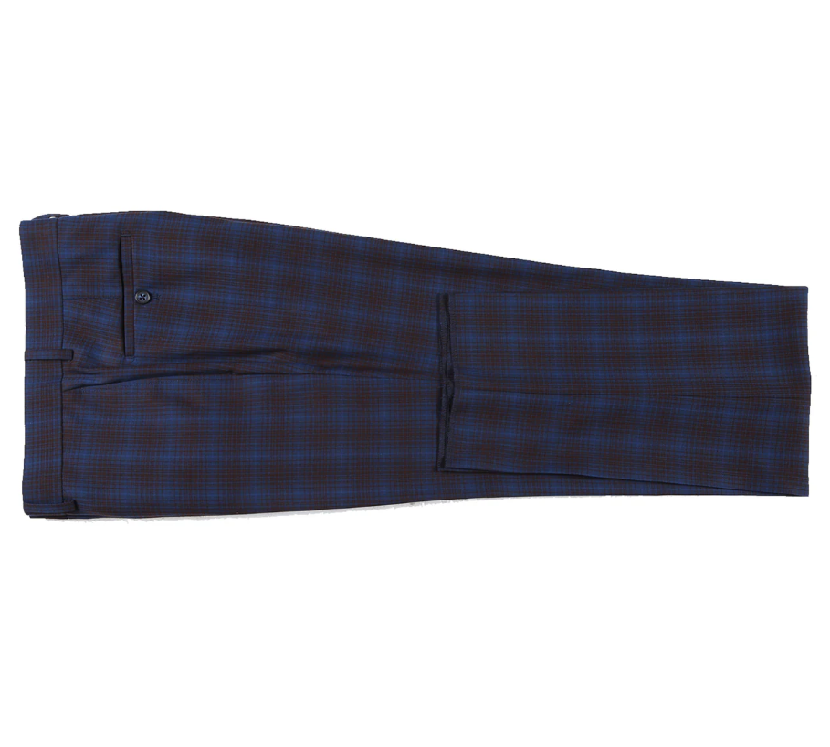 English Laundry Mens Navy with Brown Check Slim Fit Peak Lapel 2 Button Stretch Suit