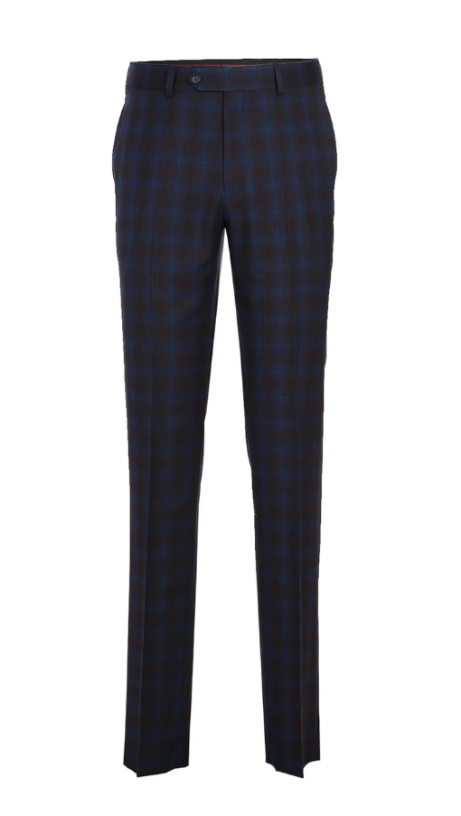 English Laundry Mens Navy with Brown Check Slim Fit Peak Lapel 2 Button Stretch Suit