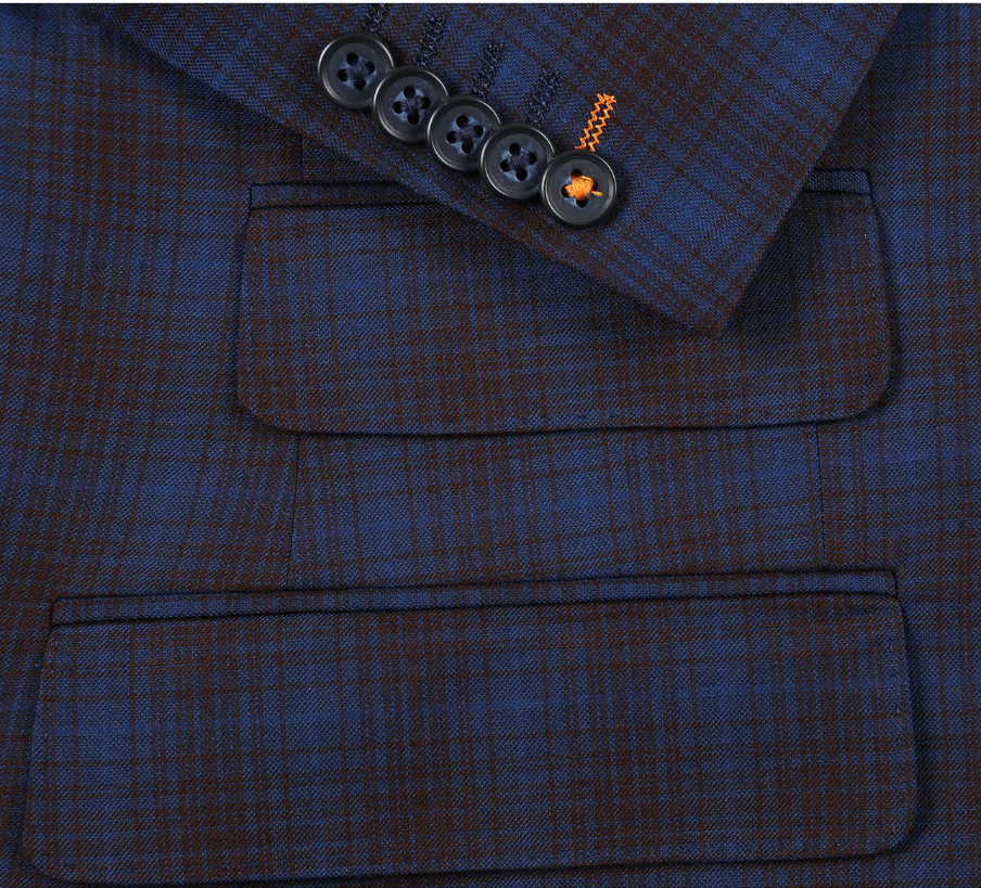 English Laundry Mens Navy with Brown Check Slim Fit Peak Lapel 2 Button Stretch Suit