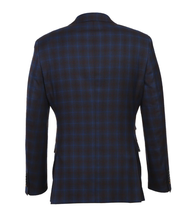 English Laundry Mens Navy with Brown Check Slim Fit Peak Lapel 2 Button Stretch Suit