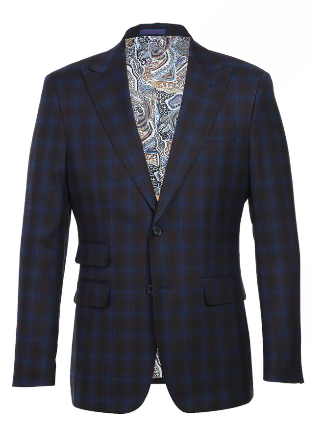 English Laundry Mens Navy with Brown Check Slim Fit Peak Lapel 2 Button Stretch Suit