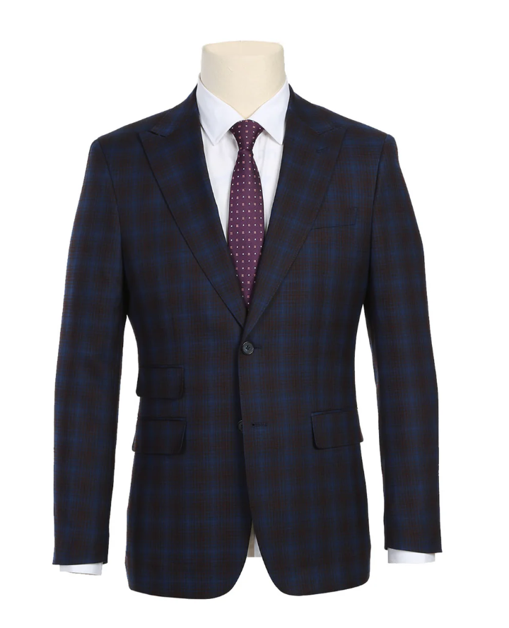 English Laundry Mens Navy with Brown Check Slim Fit Peak Lapel 2 Button Stretch Suit