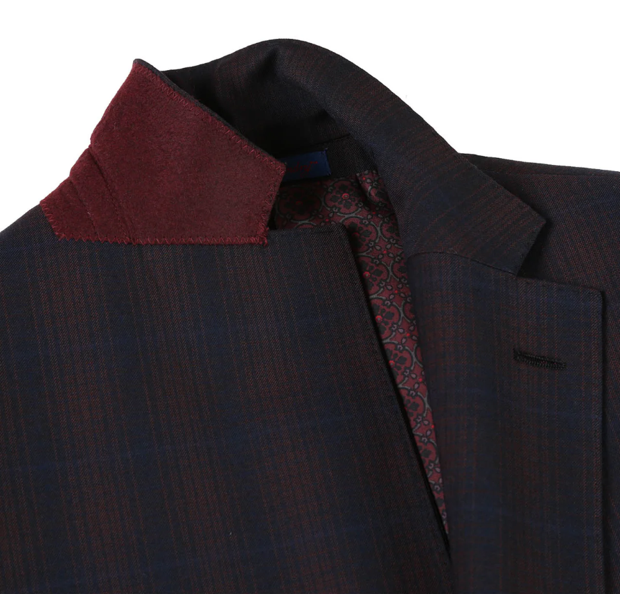 English Laundry Dark Navy With Burgundy Check Slim Fit 2 Button Stretch Suit