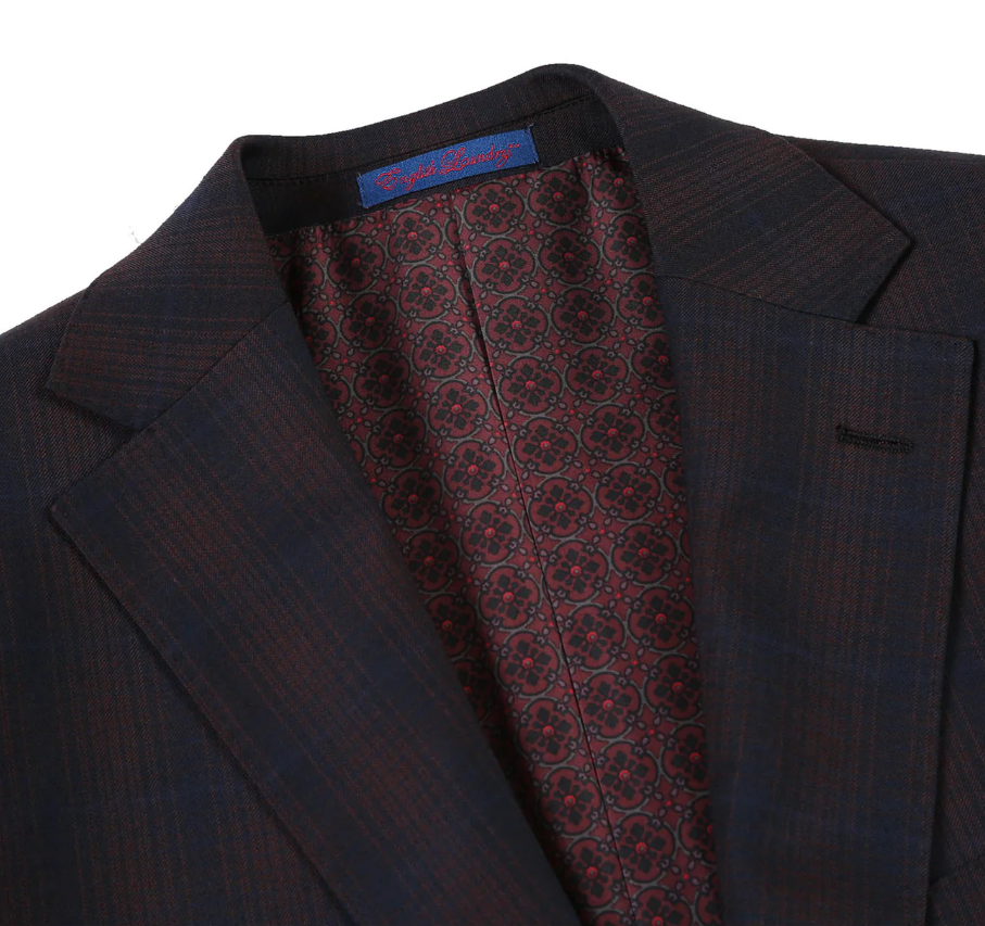 English Laundry Dark Navy With Burgundy Check Slim Fit 2 Button Stretch Suit
