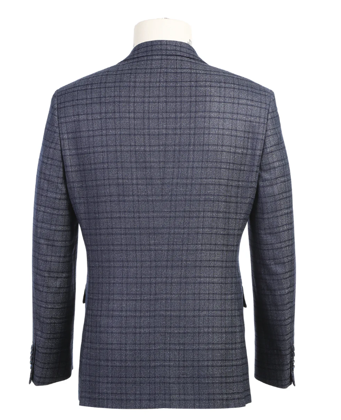 English Laundry Windowpane Blue Denim Style Slim Fit Notch Lapel Stretch 3-Piece Suit