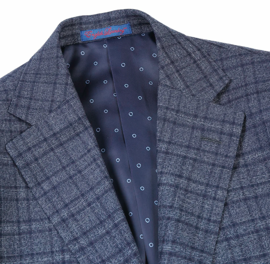 English Laundry Windowpane Blue Denim Style Slim Fit Notch Lapel Stretch 3-Piece Suit