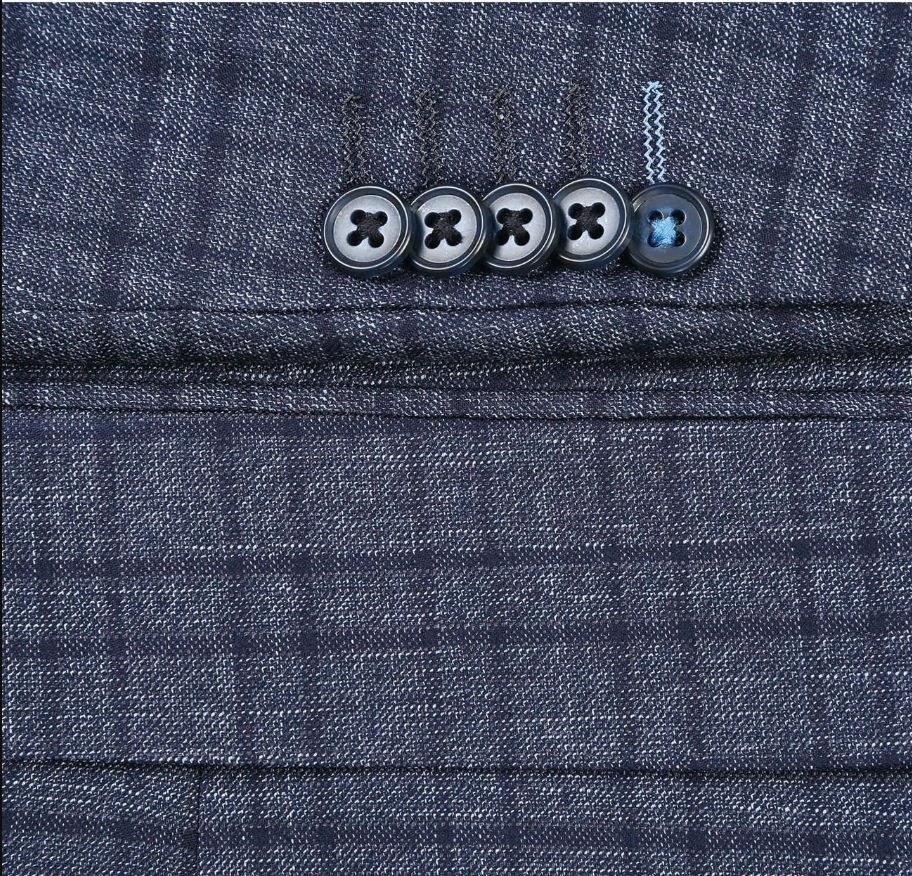 English Laundry Windowpane Blue Denim Style Slim Fit Notch Lapel Stretch 3-Piece Suit