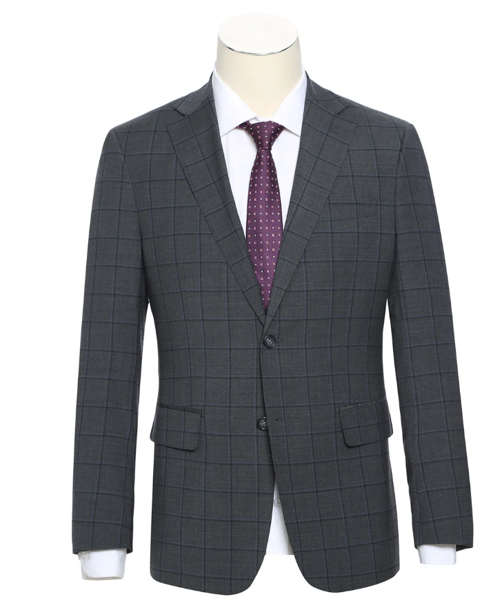 English Laundry Grid Check Charcoal Gray Slim Fit Notch Lapel Wool Stretch 2 Button Suit