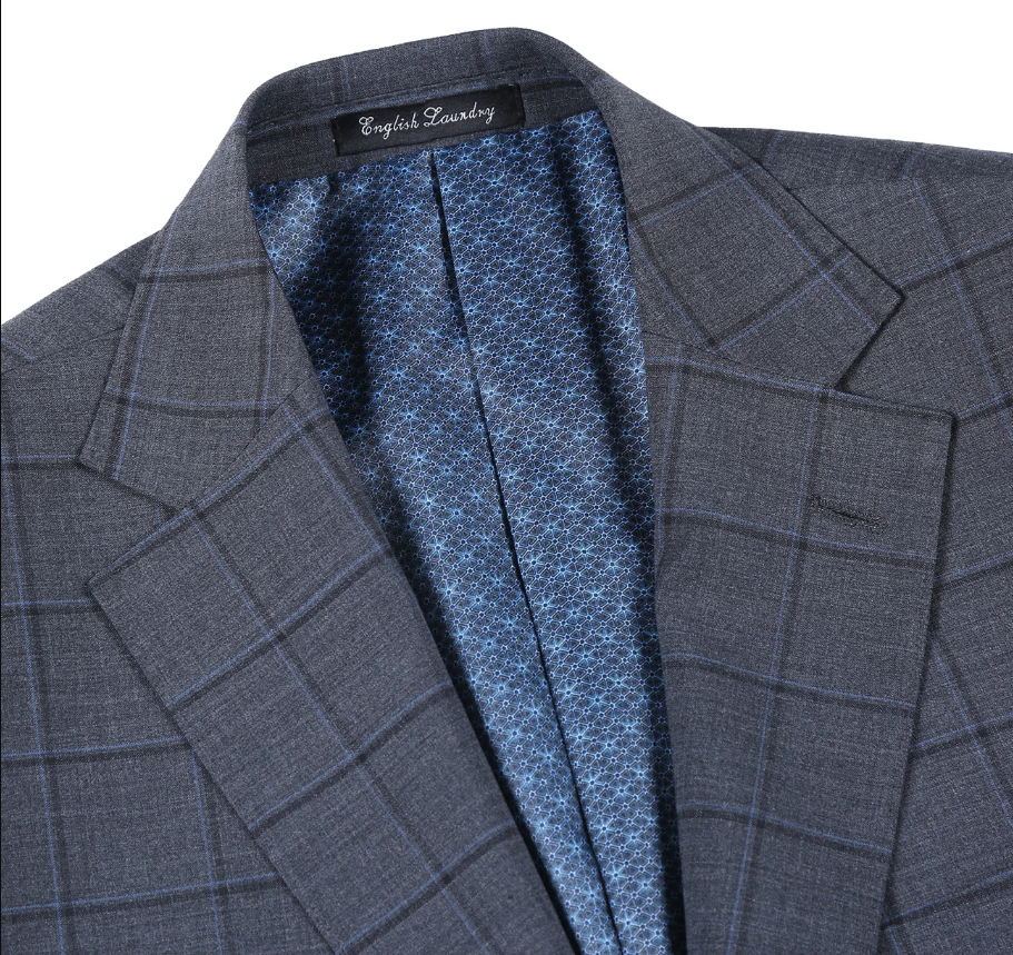 English Laundry Grid Check Charcoal Gray Slim Fit Notch Lapel Wool Stretch 2 Button Suit