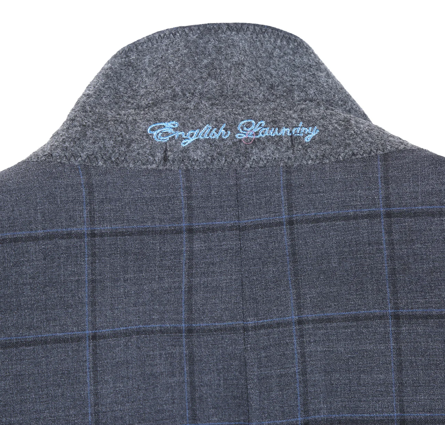 English Laundry Grid Check Charcoal Gray Slim Fit Notch Lapel Wool Stretch 2 Button Suit