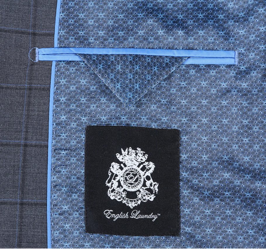 English Laundry Grid Check Charcoal Gray Slim Fit Notch Lapel Wool Stretch 2 Button Suit