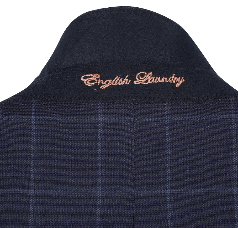English Laundry Mens Navy Windowpane Slim Fit Notch Lapel 2 Button Wool Suit