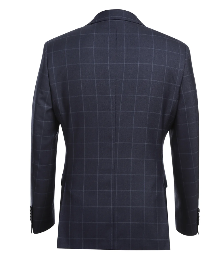 English Laundry Mens Navy Windowpane Slim Fit Notch Lapel 2 Button Wool Suit
