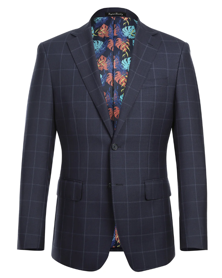 English Laundry Mens Navy Windowpane Slim Fit Notch Lapel 2 Button Wool Suit