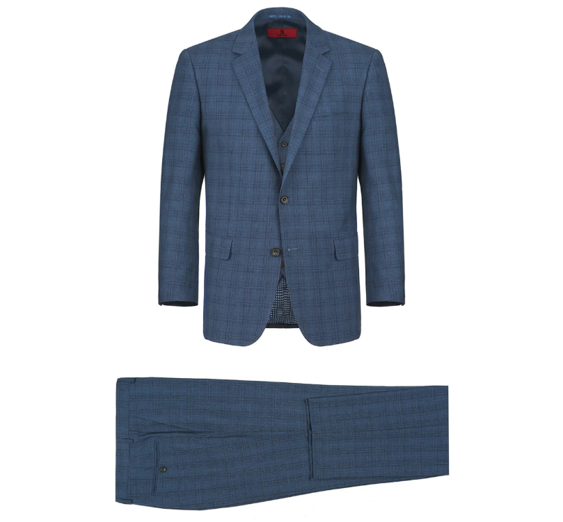 Raphael Blue Plaid Classic Fit Notch Lapel Two Button 3 Piece Suit