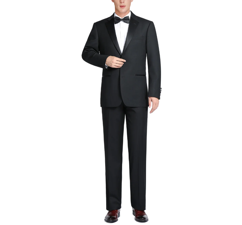 Raphael Solid Black Slim Fit 100% Wool Two Button Notch Lapel Tuxedo Suit