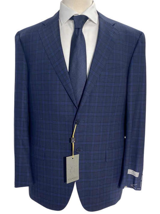 Canali Navy Blue Windowpane Plaid Notch Lapel 100% Wool 2 Button Suit 44L