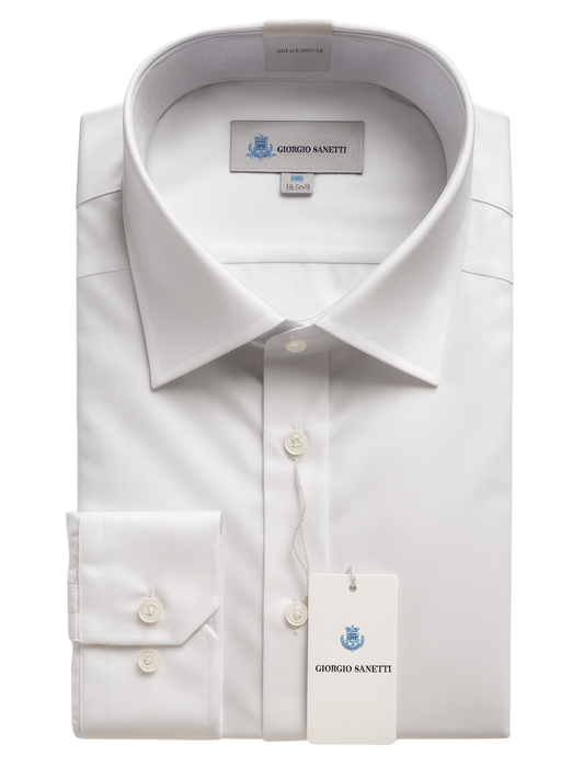 Giorgio Sanetti Solid White Barrel Cuff Spread Collar Bamboo Stretch Dress Shirt