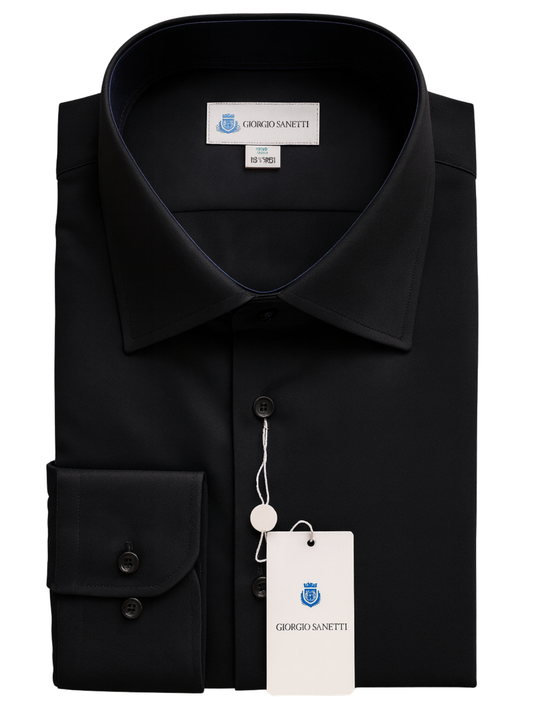 Giorgio Sanetti Solid Black Barrel Cuff Spread Collar Bamboo Stretch Dress Shirt