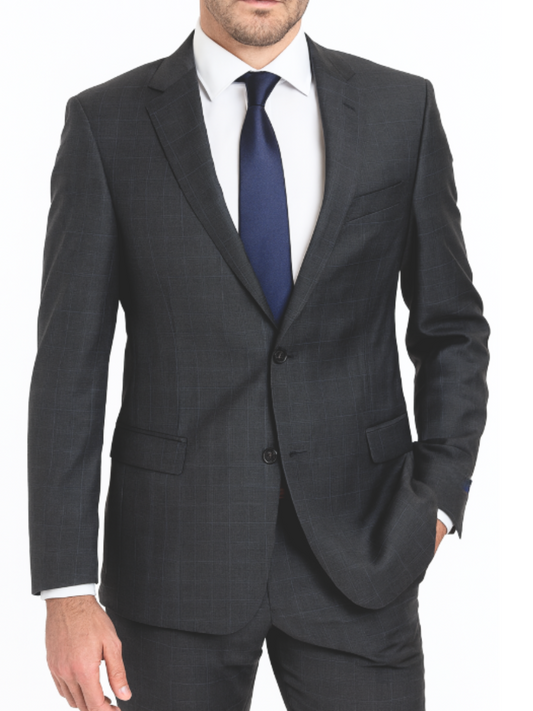 Tommy Hilfiger Charcoal Grey with Light Blue Windowpane Modern Fit Notch Lapel Wool Stretch Suit
